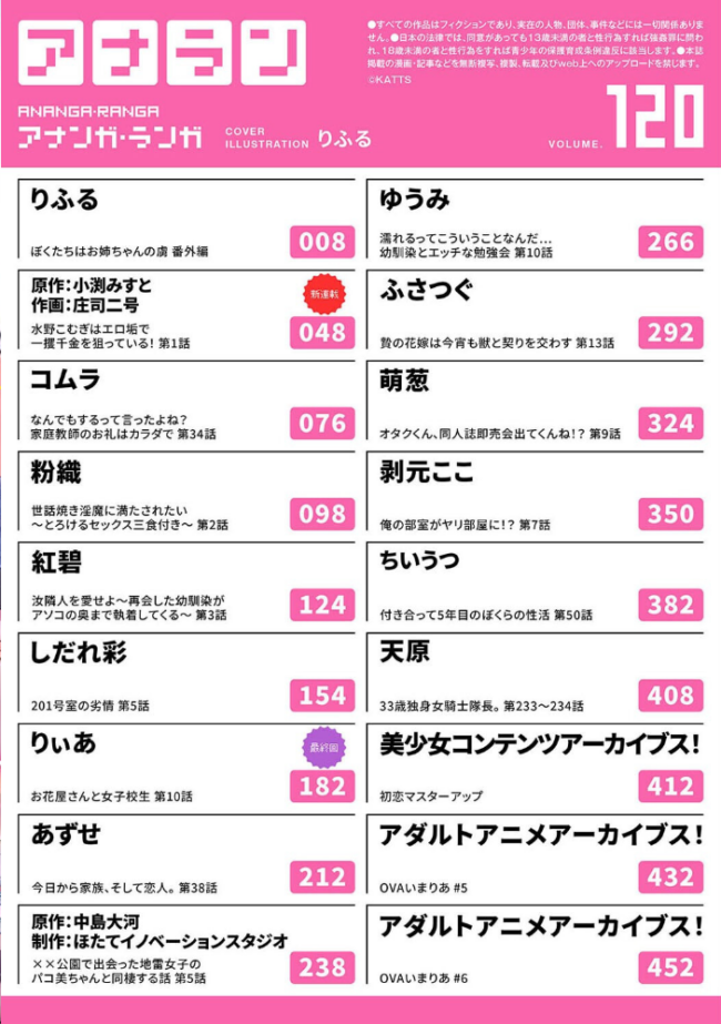 アナンガ・ランガ Vol.120 りふる 庄司二号 小渕みすと 天原 コムラ ちいうつ アナラン編集部 粉織 あずせ 中島大河 ゆうみ 萌葱 剥元ここ りぃあ しだれ彩 Nao ふさつぐ 紅碧 hayami もちむ木 ウツロギノア ほたてイノベーションスタジオ サンプル画像